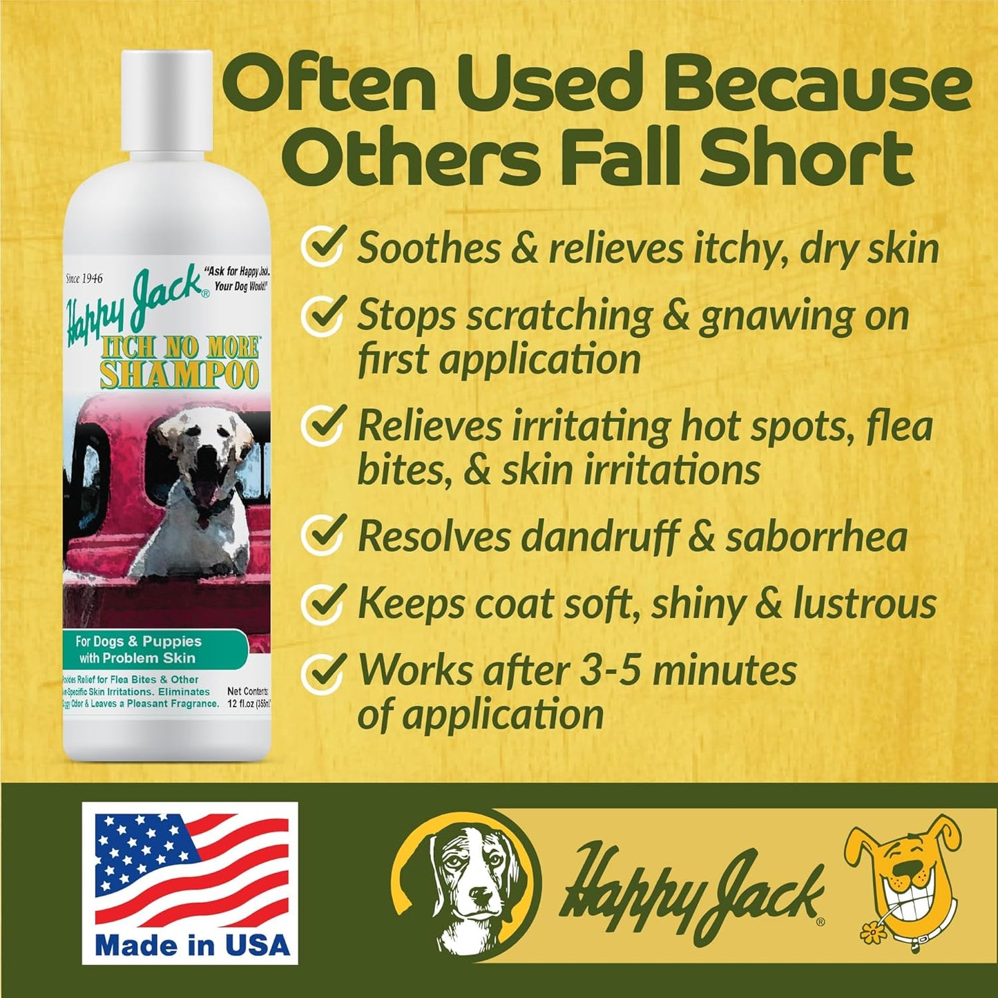 Happy Jack Itch No More Dog Itchy Skin Shampoo & Treatment (16 oz), Flea Bites, Allergies & Itch Relief, Stops Itching, Scratching & Gnawing on First Application for Healthy Dog Skin & Coat