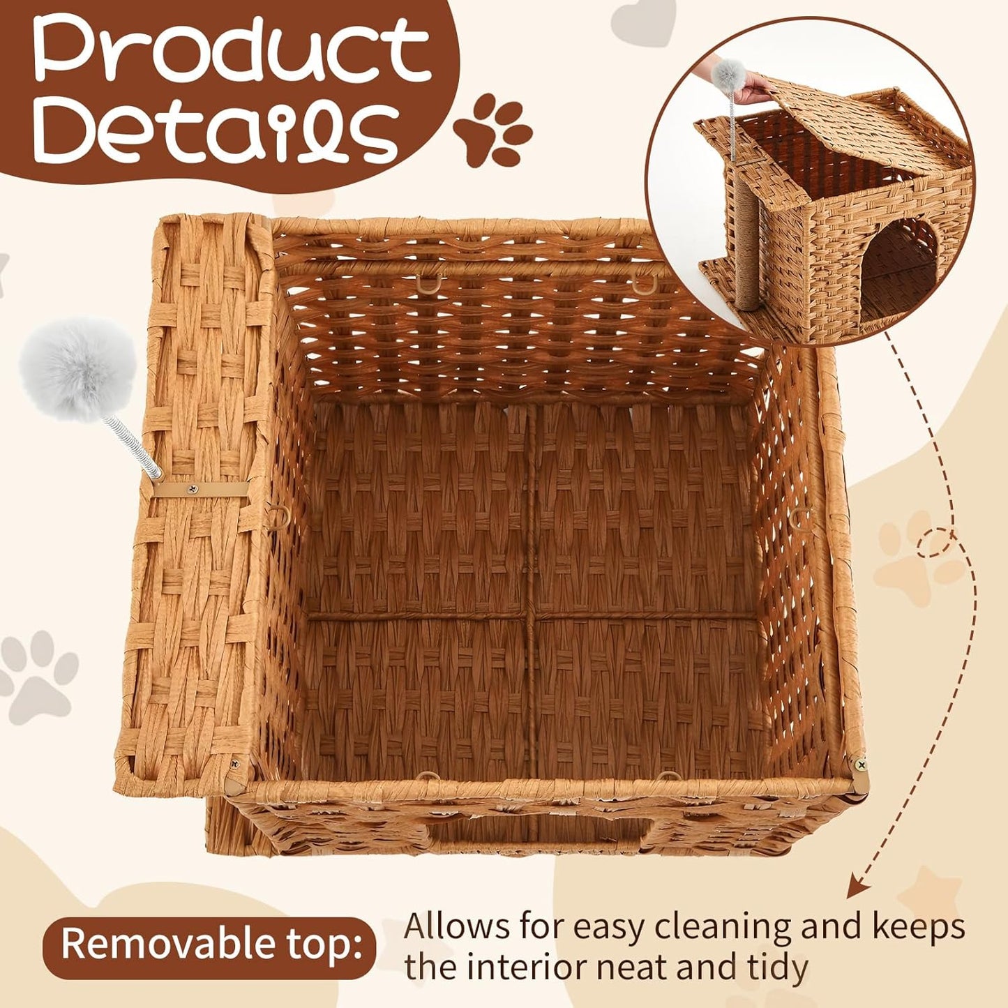 Rattan Cat Bed Cave Indoor Kitten House, Handwoven Hidden Cat Litter Box Enclosure Furniture, 18.5 x 13.78 x 12.6 Inches Pet Cube House, Foldable, Hideaway, with Fluffy Ball and Sisal Post