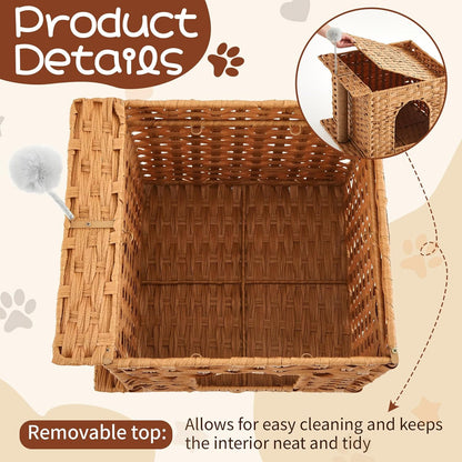 Rattan Cat Bed Cave Indoor Kitten House, Handwoven Hidden Cat Litter Box Enclosure Furniture, 18.5 x 13.78 x 12.6 Inches Pet Cube House, Foldable, Hideaway, with Fluffy Ball and Sisal Post