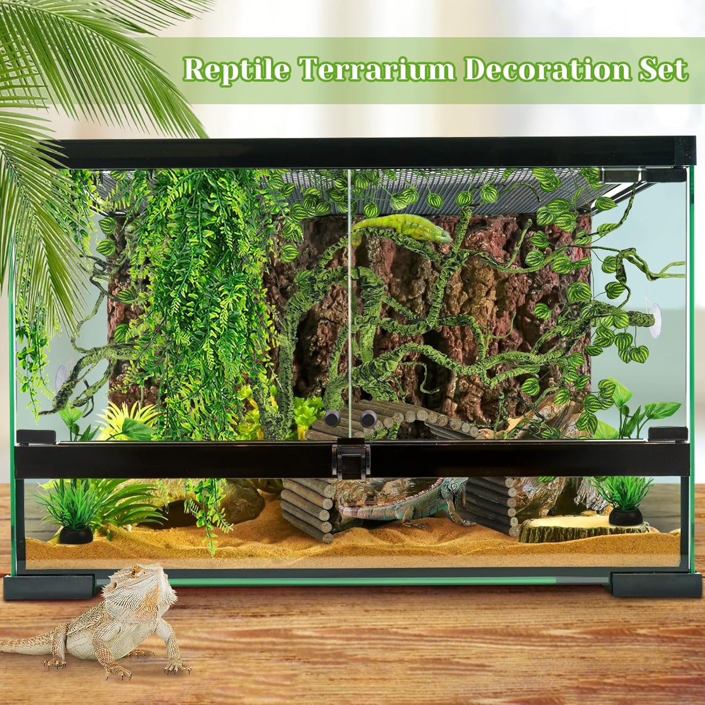 Bearded Dragon Tank Accessories, Terrarium Hanging Plant Vines Artificial Leaves Reptile Hide, Bridge Jungle Climber Reptile Vines for Snakes Bearded Dragon Chameleon Gecko Lizard