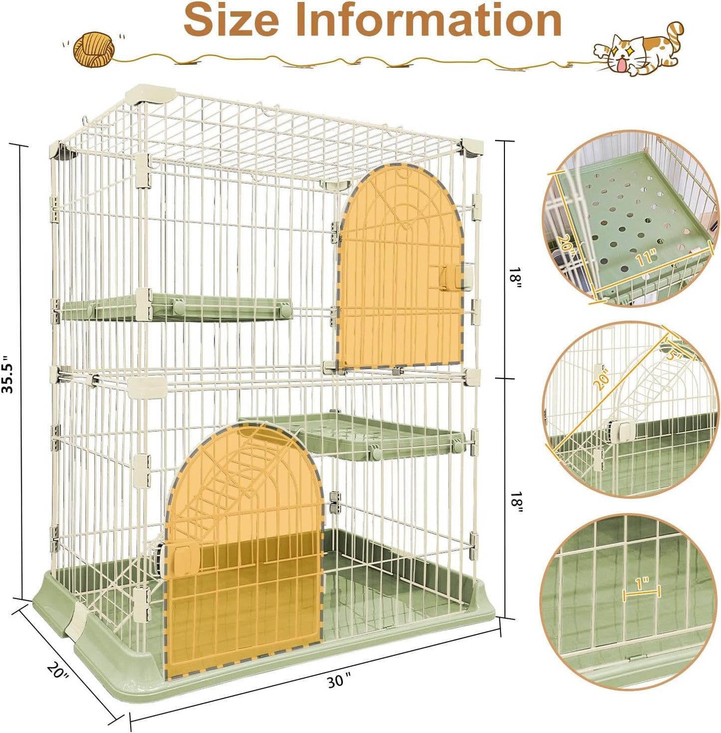 Cat Cage 2-Tier Indoor Cat Enclosure with Widen Bottom Buckle & Reinforced Locking Clamps DlY Cat Playpen for 1-2 Cats & Small Pets,30" Lx 20" W X 35" H (Green, Two-Tier35")