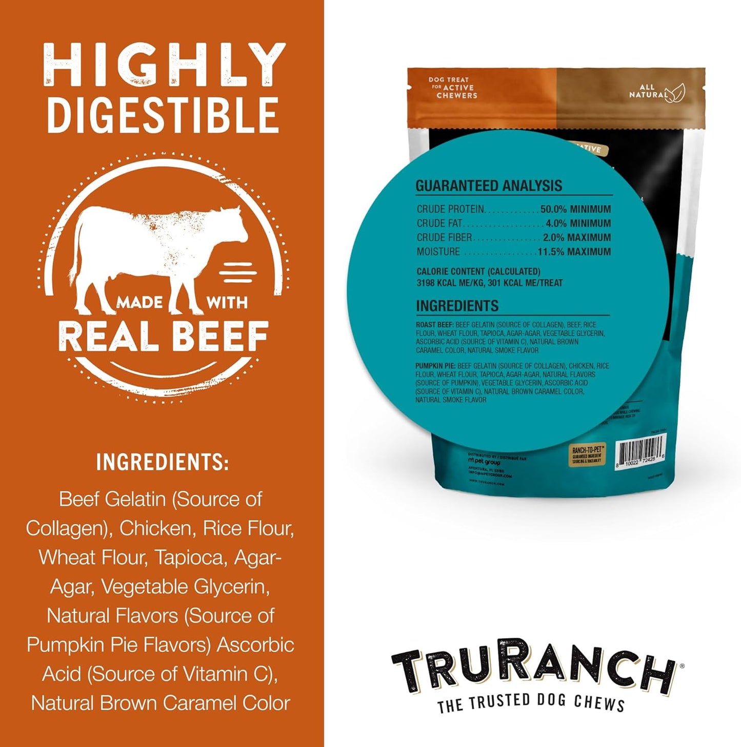 TRURANCH Large Collagen Rolls Roast Beef & Pumpkin Pie, 1 Bag, 8 Count, Holiday Limited Edition, Hydrolyzed Collagen, Rawhide Free, Healthy Limited Ingredients, for Small, Medium and Large Dogs