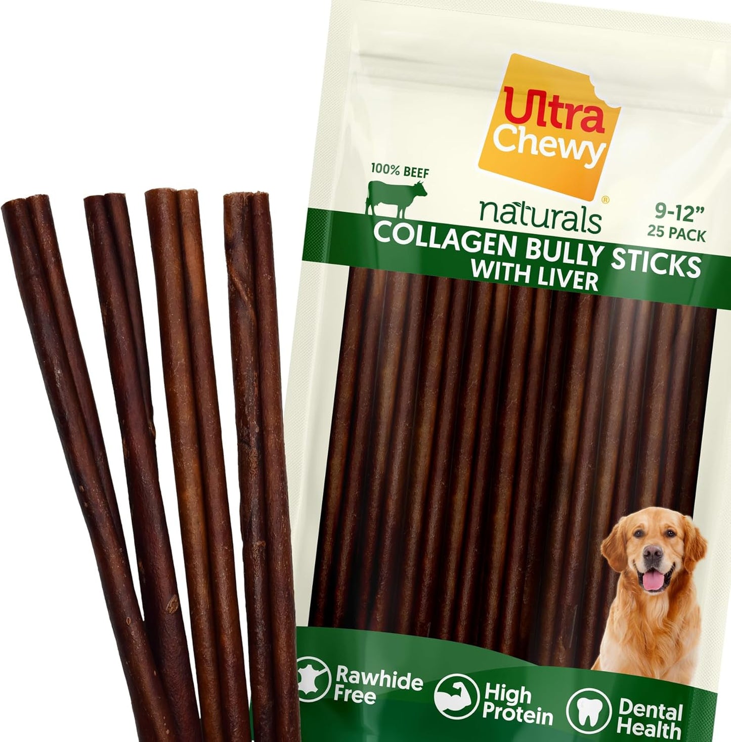 Ultra Chewy Collagen Sticks 9-12 inches (25 Pack) – Long Lasting Odor-Free, All-Natural Dog Chews – Rawhide & Bully Stick Alternative