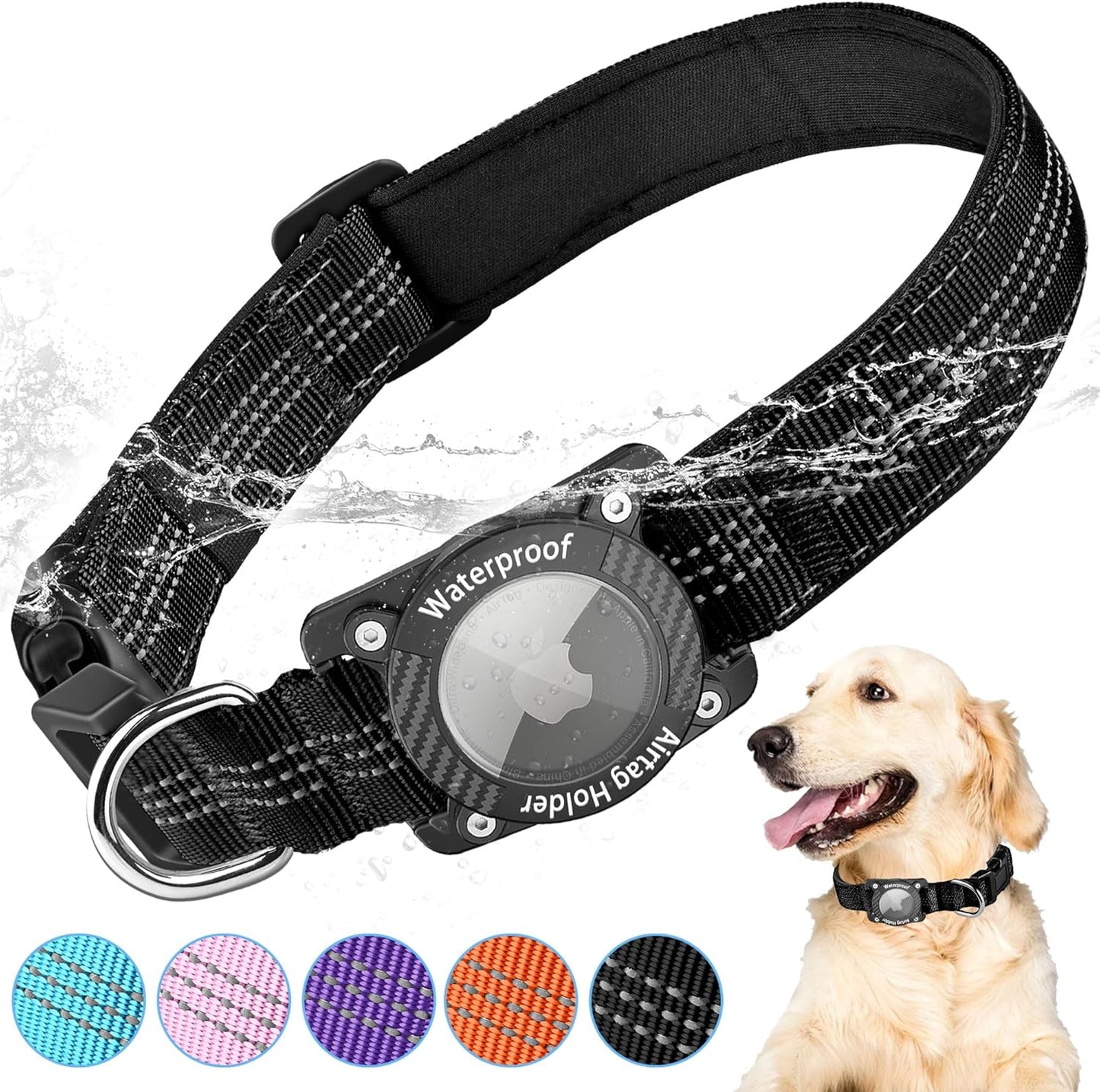 AirTag Dog Collar, IPX8 Waterproof Air Tag Dog Collar Holder, Reflective, Durable, Comfortable Padded GPS Collars for Small Medium Large Dogs, Black, L