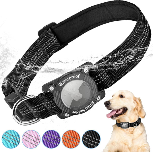 AirTag Dog Collar, IPX8 Waterproof Air Tag Dog Collar Holder, Reflective, Durable, Comfortable Padded GPS Collars for Small Medium Large Dogs, Black, L