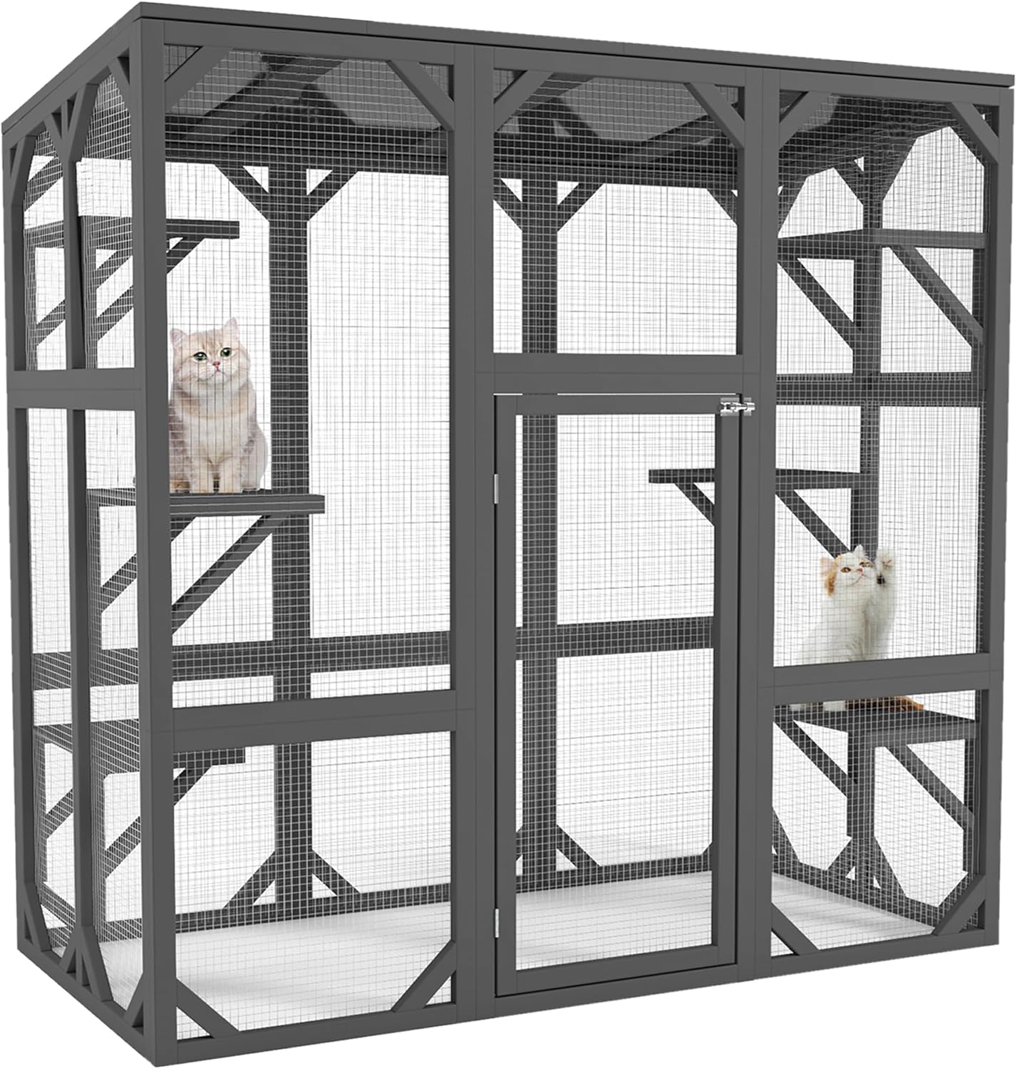 Ball & Cast 59" Wooden Catio Enclosure Outdoor Cat House with Anti-UV& Waterproof, Platforms and Resting Boxes Walk-in Cat Kennel Shelter for Indoor,Dark Grey