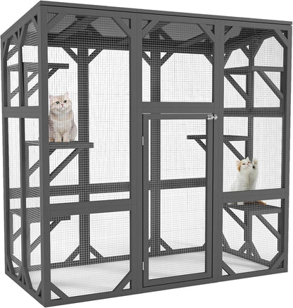 Ball & Cast 59" Wooden Catio Enclosure Outdoor Cat House with Anti-UV& Waterproof, Platforms and Resting Boxes Walk-in Cat Kennel Shelter for Indoor,Dark Grey