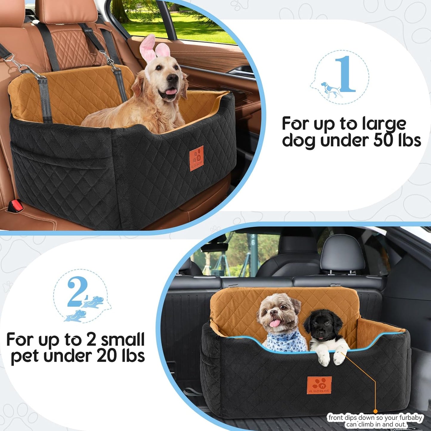 Dog Car Seat for Medium/Large Dogs,Pet Booster Car Seats for Under 50lbs or 2 Small Dogs, Detachable and Washable Pet Bed,Multi-Functional Travel Dog Bed(Black/Brown)
