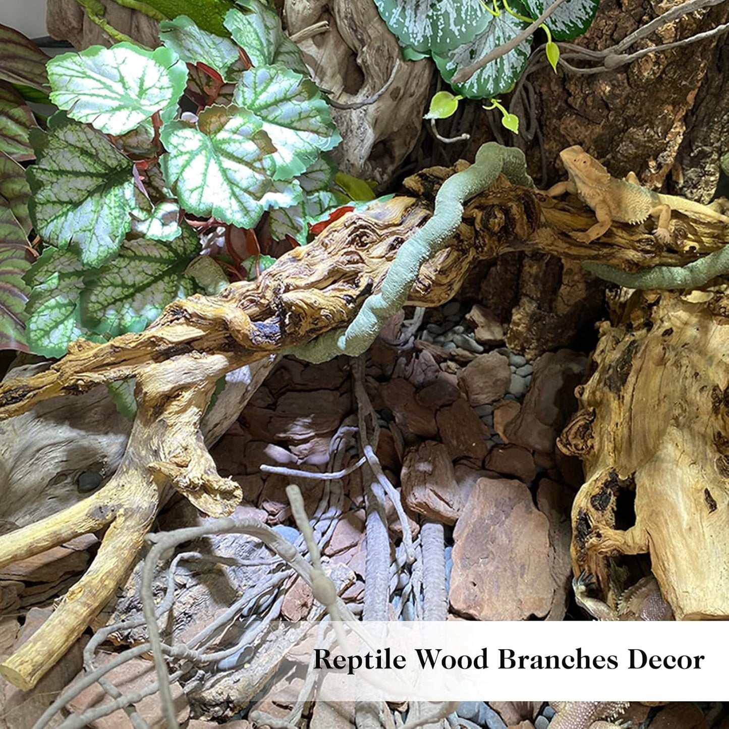 VCEPJH 2 Pack Reptile Wood Branches, Snake Climbing Branch Natural Bearded Dragon Log and 4 Pcs Reptile Plants, Climbing Wood Branch Terrarium Hanging Fake Plant Leaves for Snake Leopard Gecko Lizard