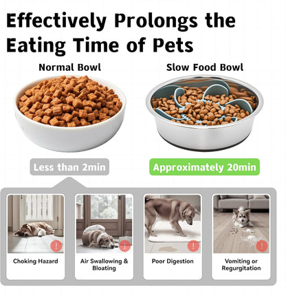 2 in 1 Slow Feeder Dog Bowl with Removeable Silicone Feeder Insert, Stainless Steel Pet Bowl, Non-Slip Rubber Base for Small Medium Dog Cat (3.2 Cups)