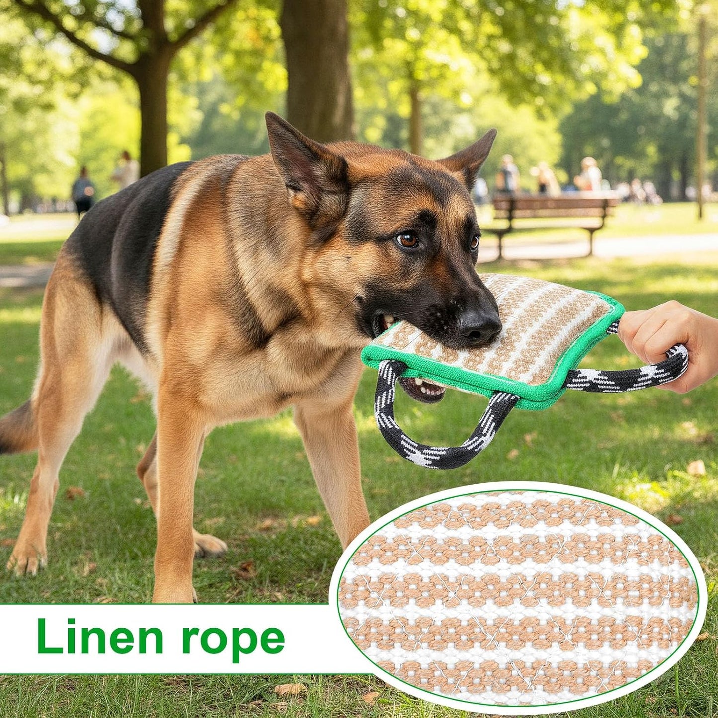 Durable Dog Jute Bite Pillow, 9.8“ x 6.7” Safe Biting Pad with 3 Strong Handles, Safe Tough Jute Tug of War Toy for Medium to Large Dogs Puppy Training, Green