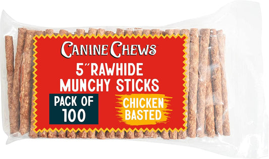 Canine Chews 5" Munchy Rawhide Sticks for Small Dogs Munchy Dog Snack Sticks 100 Pack (Chicken)