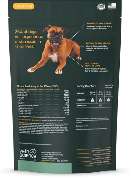VetriScience Extra Strength Healthy Skin & Coat Chews, Omega Plus Supplement for Dogs, with Balanced Omega 3, 6, 9, Fish Oil and Biotin, Skin Health, Coat Growth and Shine, Duck, 40 Count