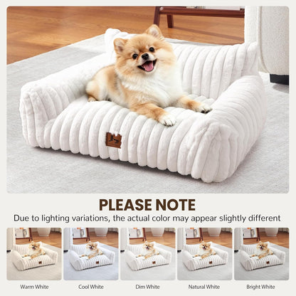 Cat Couch for Pets, Cute Small Dog Couch Bed with Cozy Soft Faux Rabbit Fur for Small Dogs, Fuzzy Dog Couch for Indoor Cats, Supportive Pet Sofa with Removable Washable Cover, Cream, 30"