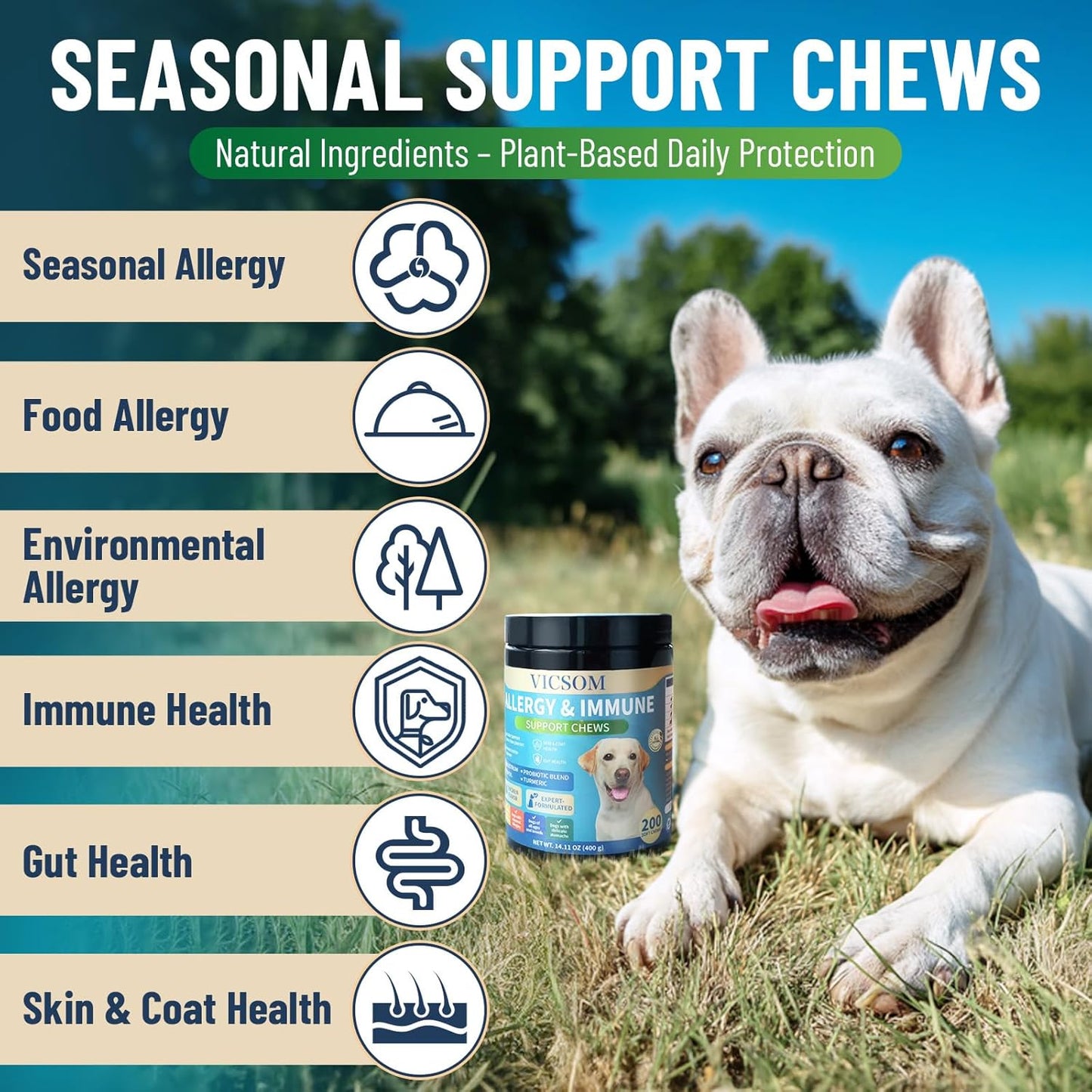 VICSOM Dog & Cat Allergy Relief Chews Bundle, 200 Count Each, Chicken Flavor Soft Chews withOmega-3, Probiotics, Colostrum- Skin, Coat & Digestive Support for Pets