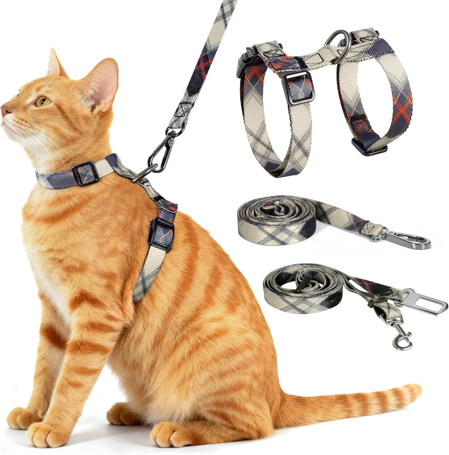 Cat Harness and Leash Set, 3-in-1 Escape Proof Adjustable, Comfortable Soft Lightweight, Safe, Easy to Wear, Walking Travel Kitten Harness for Small Medium Large Cats (Army Green)