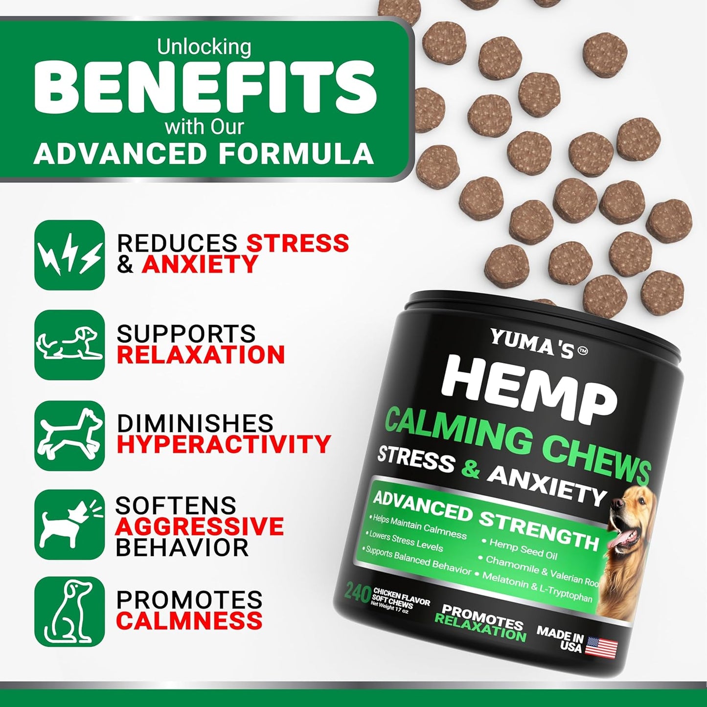 Hemp Calming Chews for Dogs - 240 Treats - Advanced Dog Calming Chews - Anxiety Relief Supplement Treats with Melatonin - Sleep Aid for Separation, Barking, Stress, Hip and Joint Support Made in USA