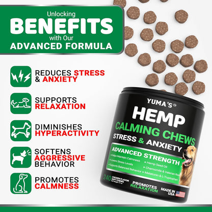 Hemp Calming Chews for Dogs - 240 Treats - Advanced Dog Calming Chews - Anxiety Relief Supplement Treats with Melatonin - Sleep Aid for Separation, Barking, Stress, Hip and Joint Support Made in USA