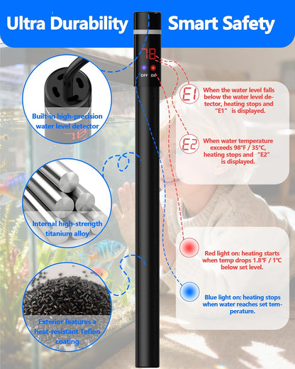 50W Titanium Aquarium Heater with LED Digital Display & External Controller – Submersible Fish Tank Heater, Precise ±1.8℉, IP68 Waterproof, for 3-7 Gallon Freshwater & Saltwater Tanks