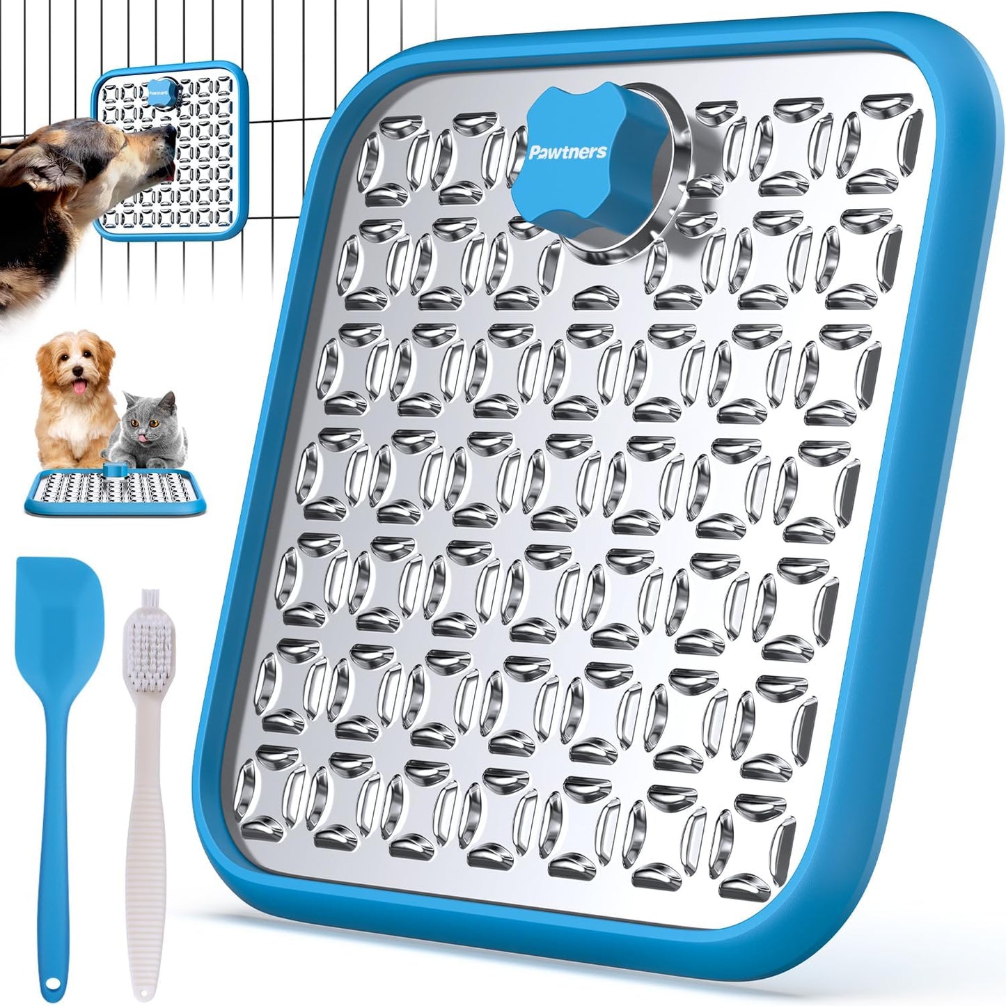 Lick Mat for Dogs & Cats, Stainless Steel Pet Slow Feeder for Crate Boredom & Anxiety Reduce, Cat Licking Pads with Spatula & Scrubbing Brush, Blue