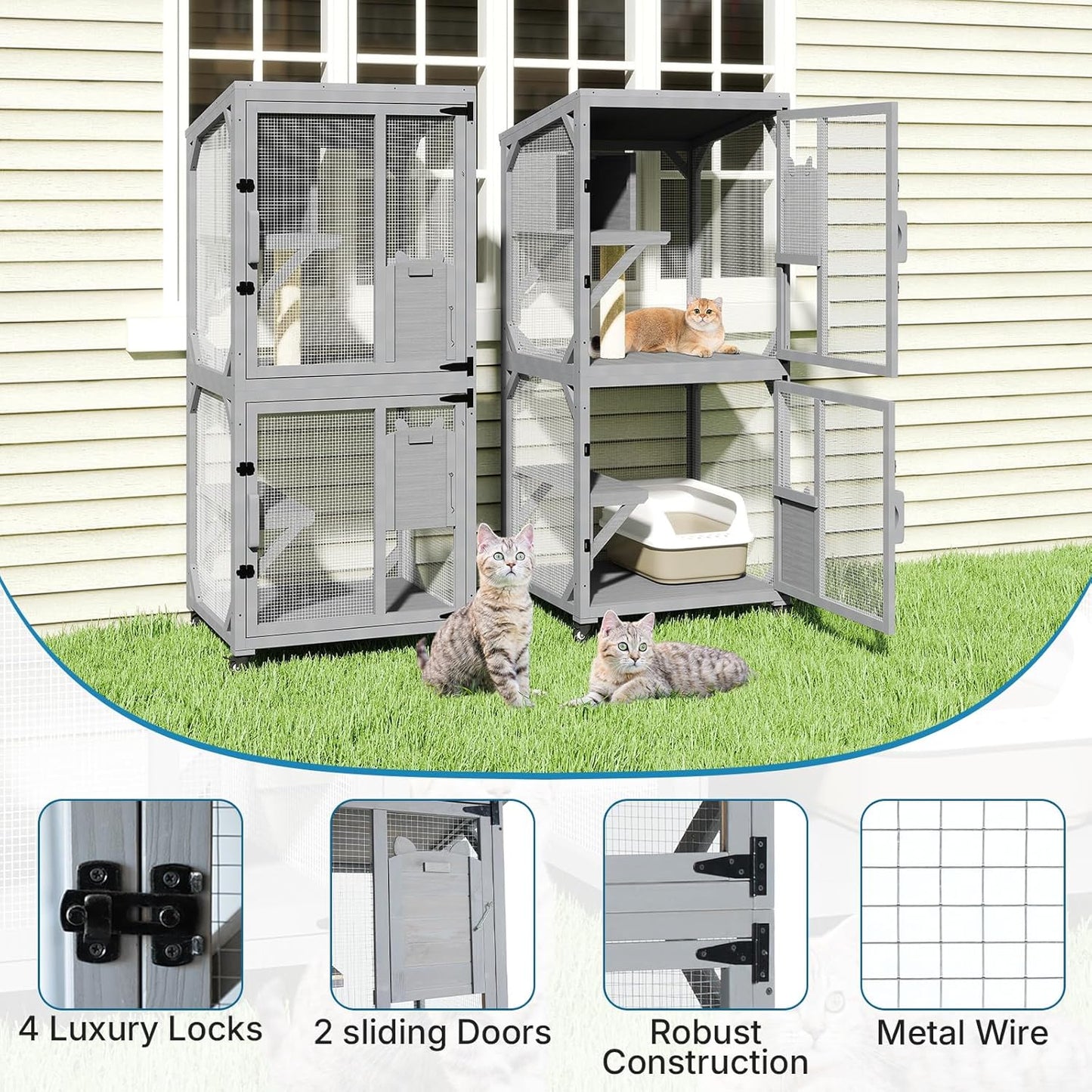 Catio Outdoor Cat Enclosure, Cat Patio Enclosure with 3 Platforms, Cat Condo Outdoor, Wooden Movable Cats Cage with 4 Wheels, Large Outdoor Cats House
