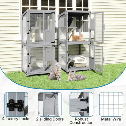 Catio Outdoor Cat Enclosure, Cat Patio Enclosure with 3 Platforms, Cat Condo Outdoor, Wooden Movable Cats Cage with 4 Wheels, Large Outdoor Cats House