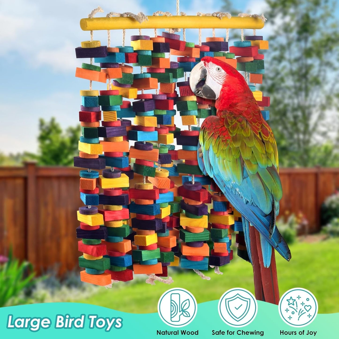 23 Inch Extra Large Bird Toy, Colorful Natural Chew Wood Blocks Hanging Parrot Tearing Toys, Birds Cage Accessories for Macaws, Amazon Parrots, African Grey, Cockatoos