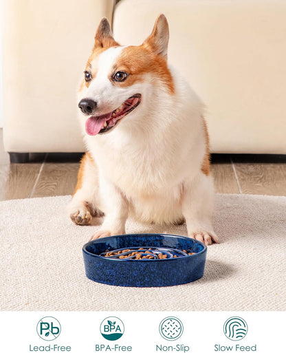 vancasso Slow Feeder Dog Bowl, 1.5 Cup Ceramic Slow Feeding Food Dish for Small and Medium Breed, Puzzle Dog Food Bowl for Fast Eater, Blue