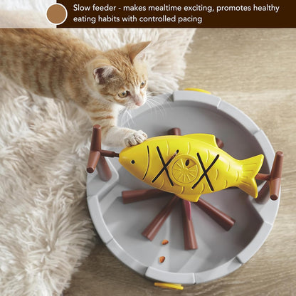 PetPals 11" High Cats Treat-Dispensing Slow Feeder,Pets Dry Food Dispenser,Cats Slow Feeding Snack Bowl, Grilled Fish Spinning Toy, Food Puzzle Cat Toy