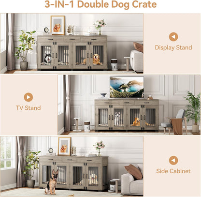 XXL Wooden Double Dog Crate Furniture for 2 Large or Medium Dogs – Indoor Kennel with 3 Drawers, Removable Divider, Double Doors, TV Stand & End Table, Classic Oak (Grey)