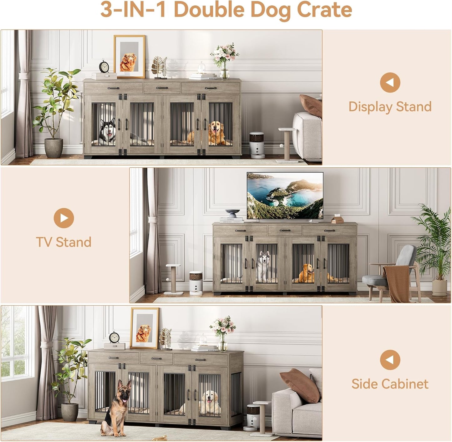 XXL Wooden Double Dog Crate Furniture for 2 Large or Medium Dogs – Indoor Kennel with 3 Drawers, Removable Divider, Double Doors, TV Stand & End Table, Classic Oak (Grey)
