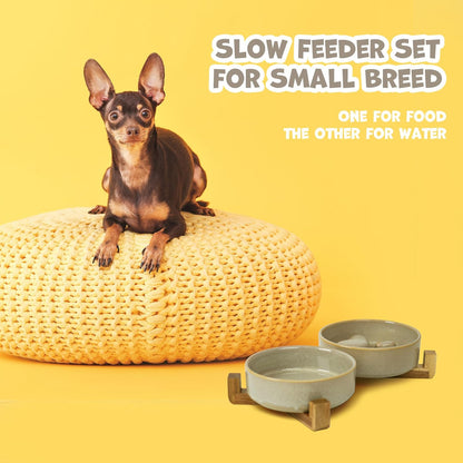 Ceramic Slow Feeder Dog Bowl Set with Stand, Cute Paw Slow Feeding Food Bowl and Water Bowl for Small Breed, 5.2" Ceramic Non Slip Dog Dishes, Grey