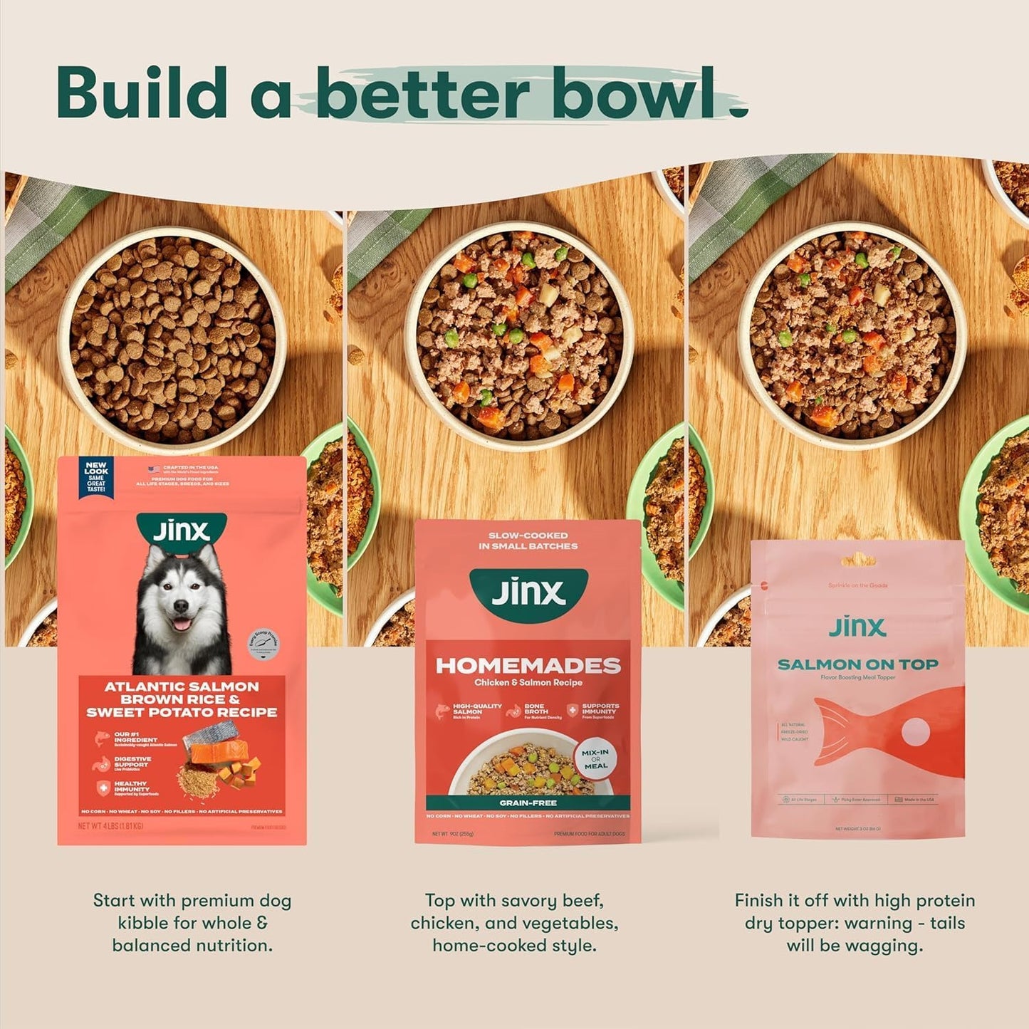 Jinx Premium Dog Food Bundle, Beef - 4lb Grain-Free Dry Dog Food, Kibble Sauce & Homemades Wet Food Pouches (9-oz)