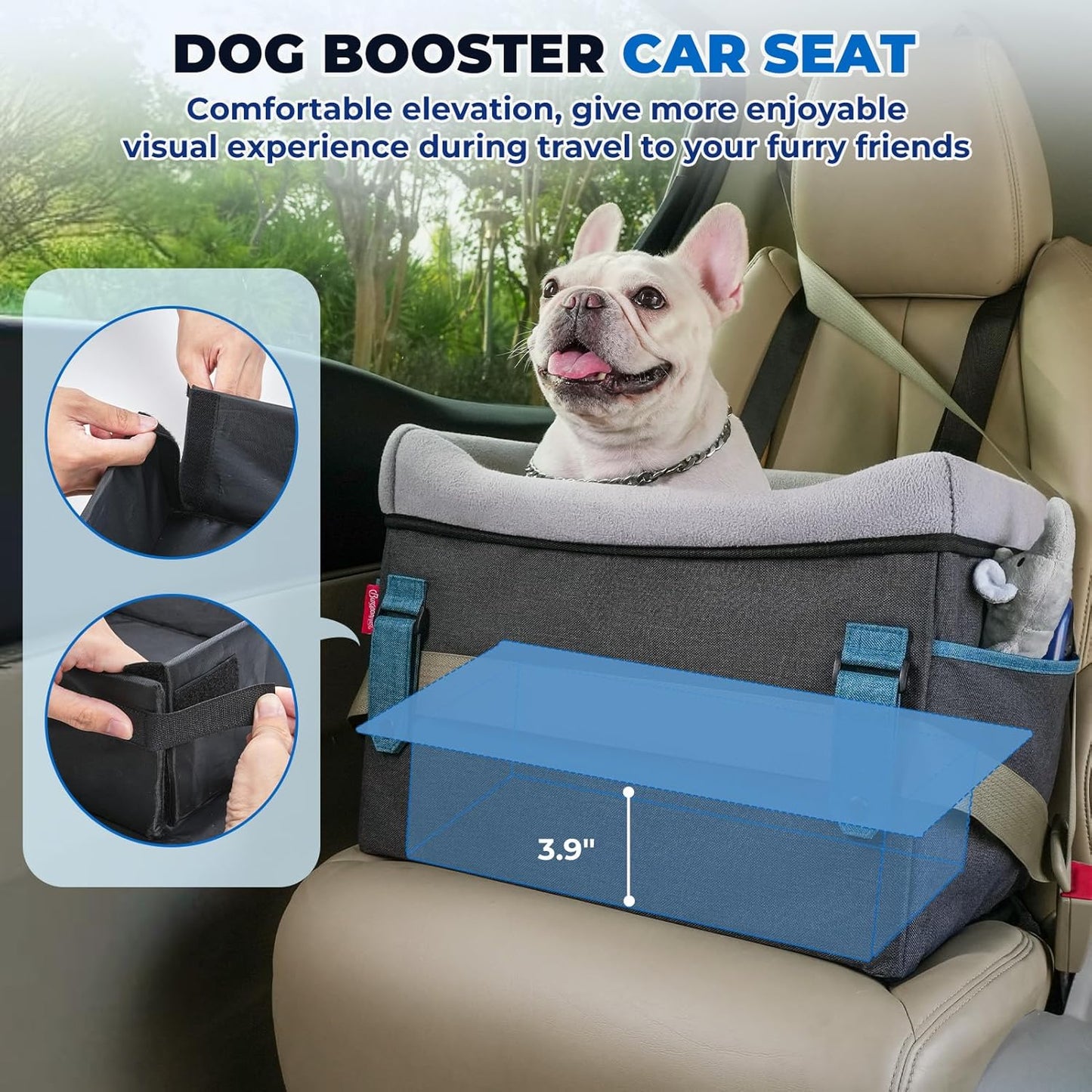 BurgeonNest Dog Car Seat for Small Dogs, Cozy Dog Booster Car Seat with Unique Safety Buckles,Puppy Carseat Covered with Double-Thick Plush, with Clip-on Leash Suitable for Small Pets Up to 20lbs