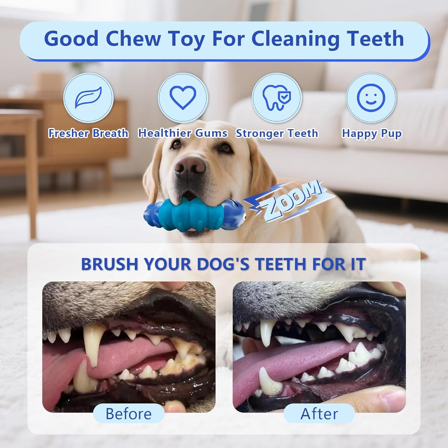 Caterpillar Indestructible Dog Toys for Aggressive Chewers, Tough Chew Proof Toy for Large Dogs, Squeaky Rubber Chew Toy with Beef Flavor for Boredom & Anxiety Relief (Blue)