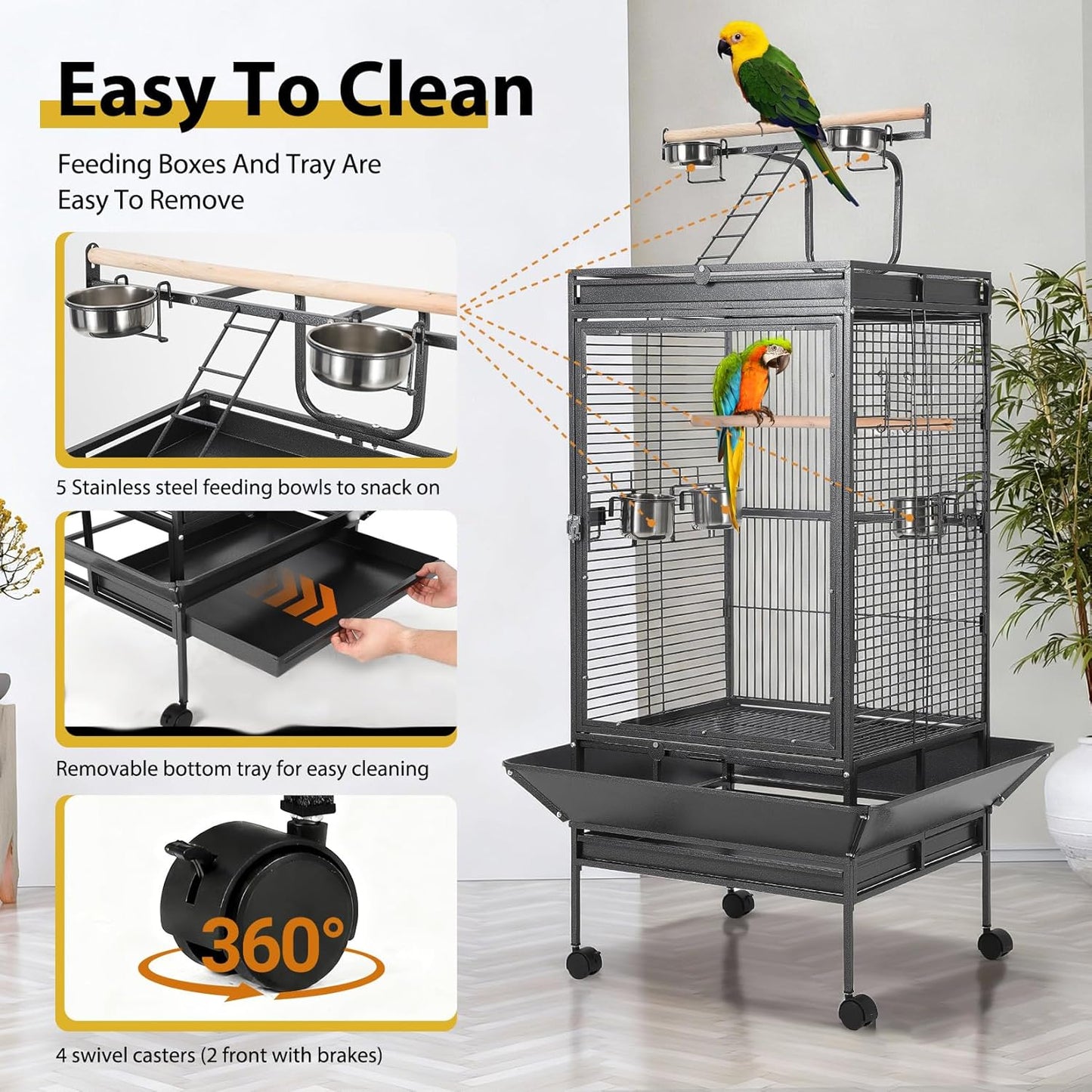 65 Inch Playtop Wrought Iron Large Parrot Bird Cages with Rolling Stand,4 Stainless Steel Bowls,Slide-Out Tray for Cockatiels Quaker Conure Parakeet Lovebird Finch Canary Small Medium Parrot Cage