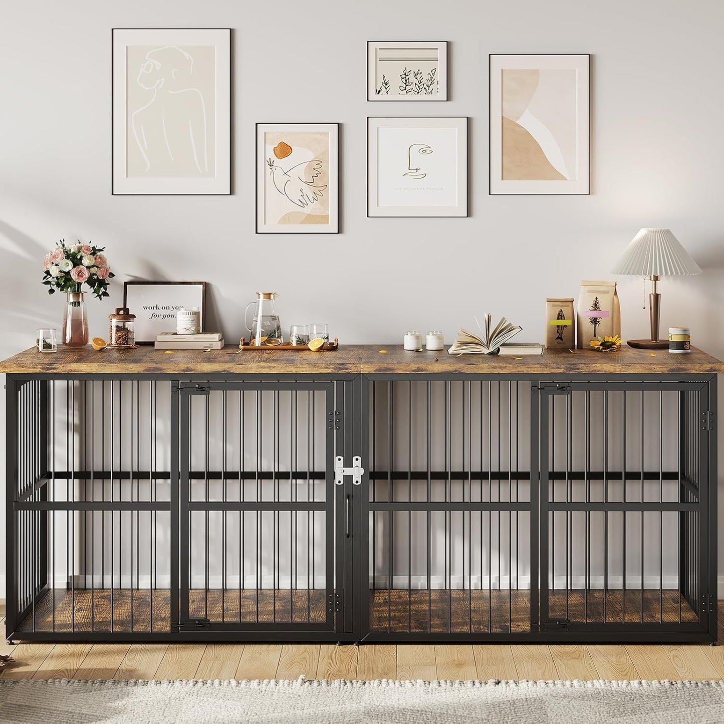 Extra Large Double Dog Crate Furniture with Divider – Heavy Duty Wooden Kennel Cage – Fits 2 Medium or Large Dogs – 3 Doors, Modern TV Stand, Indoor Pet House – Black