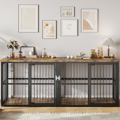 Extra Large Double Dog Crate Furniture with Divider – Heavy Duty Wooden Kennel Cage – Fits 2 Medium or Large Dogs – 3 Doors, Modern TV Stand, Indoor Pet House – Black