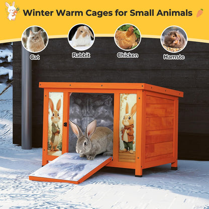 COZIWOW 24 Inch Rabbit Hutch with Insulation Layer, All-Weather Wooden Bunny Cage, Indoor Outdoor Weatherproof Pet Shelter for Winter, Rabbits/Cats/Chicken, Orange