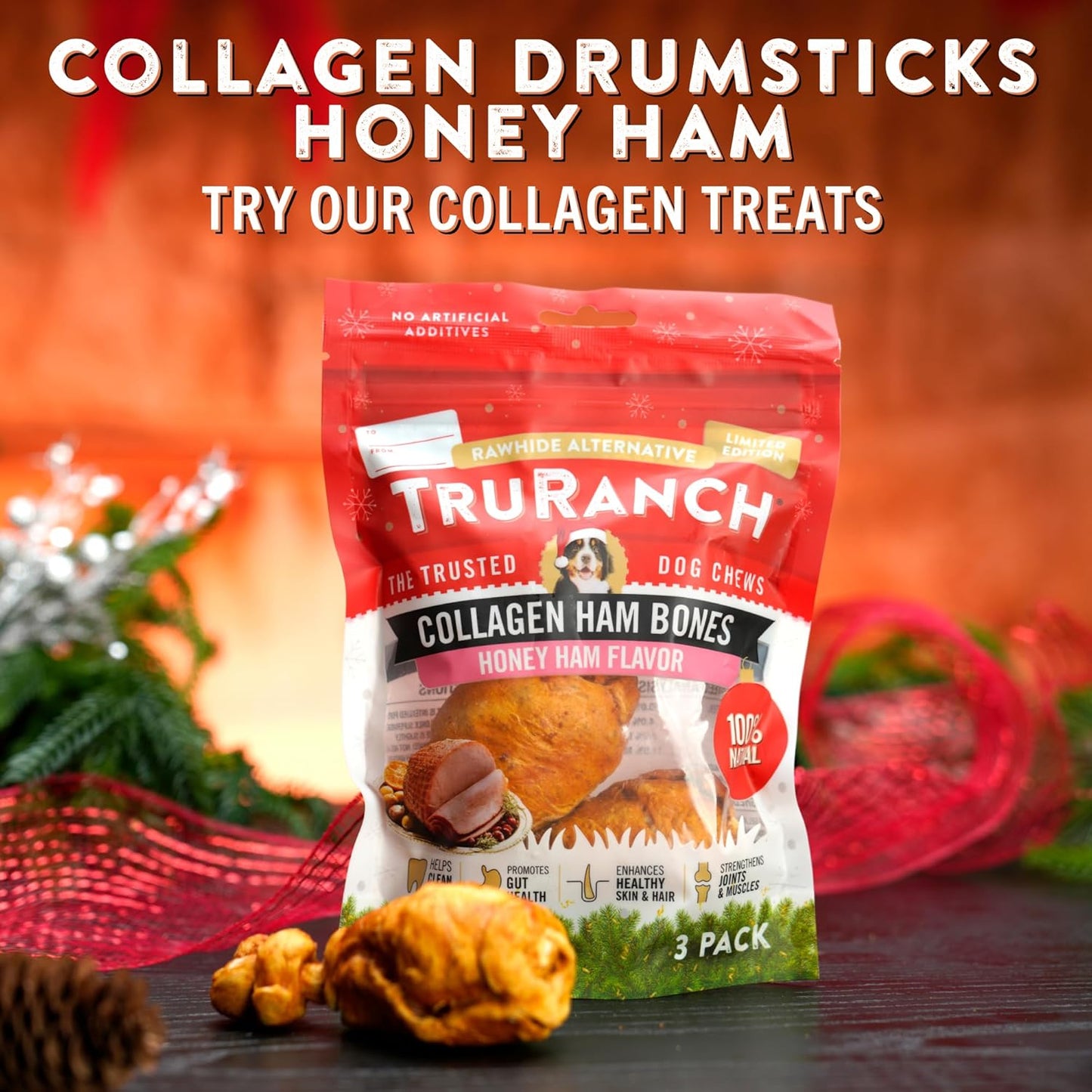 TRURANCH Collagen Drumsticks, Honey Ham, 1 Bag, 3 Count, Holiday Limited Edition, Stocking Stuffer, All-Natural Hydrolyzed Collagen, Rawhide Free, for Small, Medium and Large Dogs