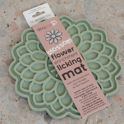 Enrichment Lick Mat: Sage Green Blooming Blossom - Grooved Silicone Dog Feeding Dish, Spread On Food Or Treats, Pet Soothing, Suction Back