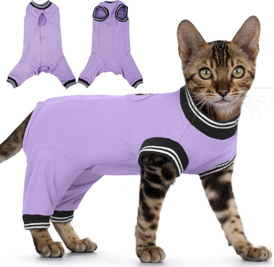 PUMYPOREITY Cat Recovery Suit for Hind Legs, Cat Surgical Spay Suit with Leg Sleeves to Stop Licking, Long Rear Sleeve Wound Cover Abdomen Kitten Onesie, Purple, M