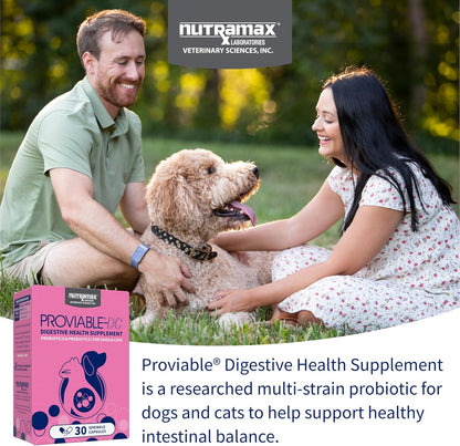 Nutramax Proviable Probiotics for Dogs and Cats, Daily Digestive Health Supplement with Multiple Strains of Bacteria, Cat and Dog Probiotics Plus Prebiotics, 30 Capsules