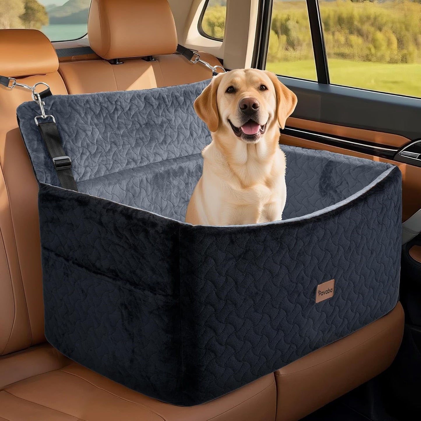 Dog Car Seat for Large Medium Dogs up to 60 lbs – Elevated Dog Booster Seat for Cars with Extra-Safe 14in High Front, Memory Foam Cushion, Washable Cover, Backseat Pet Car Bed (Black/Grey)