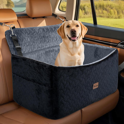 Dog Car Seat for Large Medium Dogs up to 60 lbs – Elevated Dog Booster Seat for Cars with Extra-Safe 14in High Front, Memory Foam Cushion, Washable Cover, Backseat Pet Car Bed (Black/Grey)