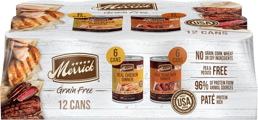 Merrick Grain Free Premium and Natural Canned Dog Food, Soft and Healthy, Real Beef and Chicken Variety Pack - (Pack of 1) 9.5 lb. Cans
