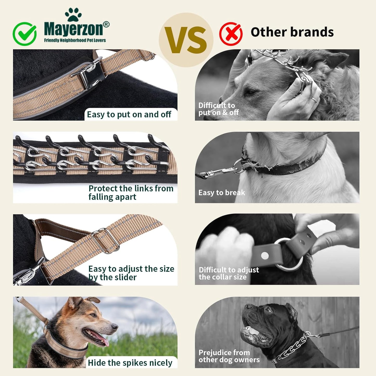 Mayerzon Prong Collar for Large Medium Dogs, Patented Reflective Pinch Collar with Metal Buckle, No Pull Adjustable Hidden Covered Dog Walking Training for Pitbull German Shepherd Doberman (Brown, XL)