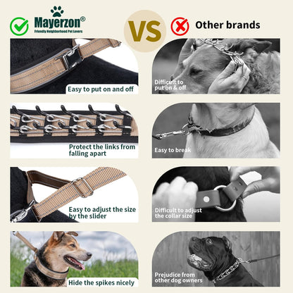 Mayerzon Prong Collar for Large Medium Dogs, Patented Reflective Pinch Collar with Metal Buckle, No Pull Adjustable Hidden Covered Dog Walking Training for Pitbull German Shepherd Doberman (Brown, XL)