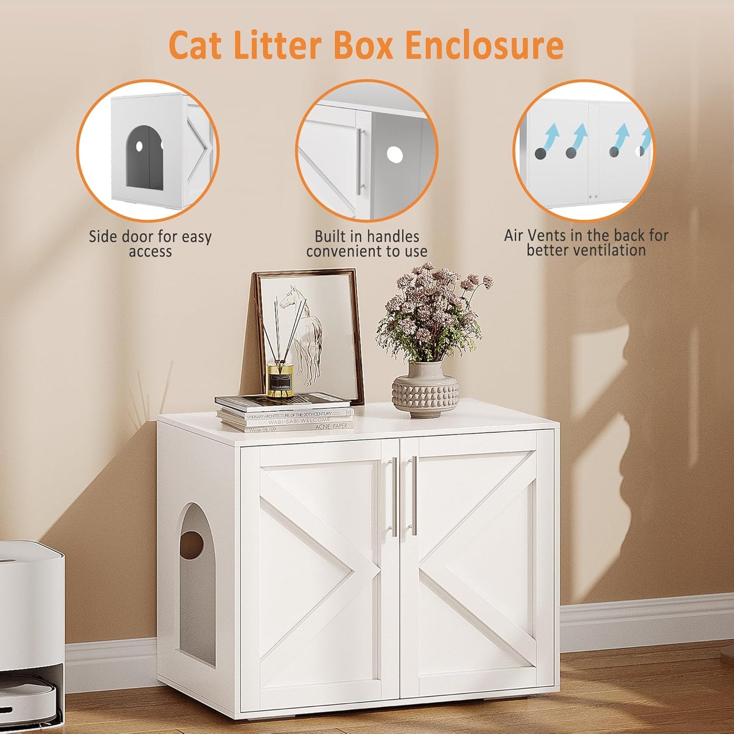 Cat Litter Box Enclosure, Farmhouse Rustic Wooden Cat Washroom Furniture with Barn Doors, Hidden Litter Box Cabinet End Table for Indoor Home, White