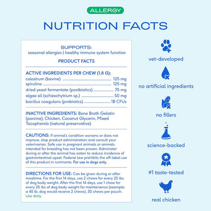 Native Pet Dog Allergy Chews - Dog Allergy Relief with Probiotics and Colostrum for Itchy Skin Relief to Support Seasonal Allergy and Healthy Immune System - All Natural Anti-Histamine - 30 Chews